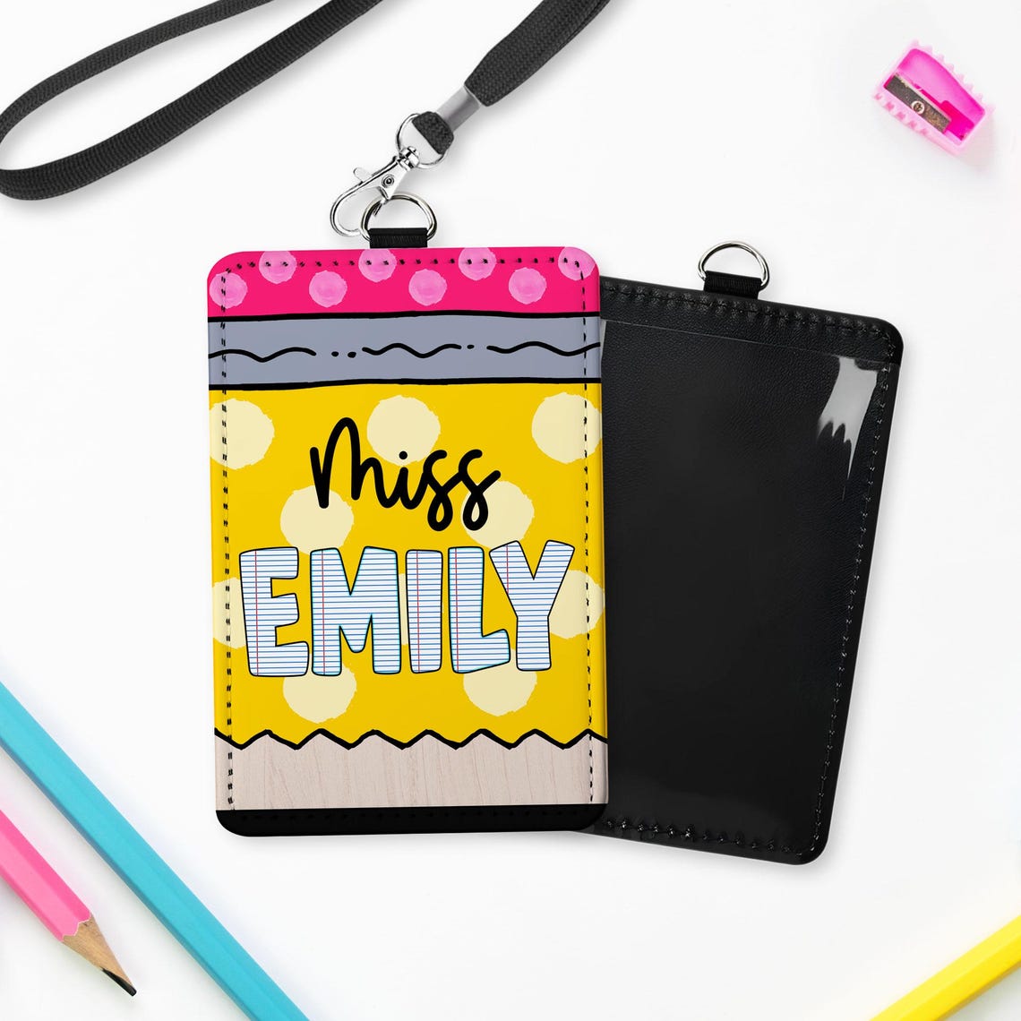 Personalized Teacher Back To School Gift, Custom Teacher Leather ID Card Holder, Custom Teacher Lanyard Accessories, Teacher School Supplies